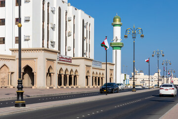 Fototapeta premium Traditional Omani architecture. Old Town of Muscat near Mutrah Corniche, Oman. Arabian Peninsula. 