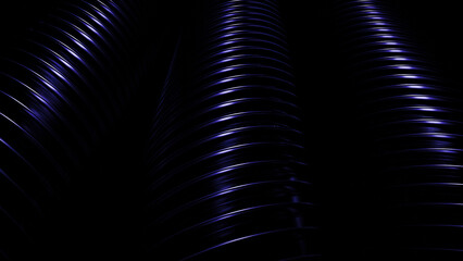 Background with moving pipes and rings. Design. Rings on pipe in dark space. Moving 3d tubes with rings on dark background