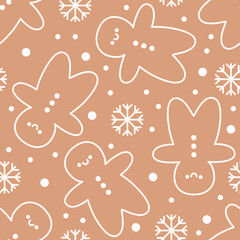 Seamless pattern of silhouettes of smiling gingerbread men with snowflakes and dots. On a brown background. Kawaii style