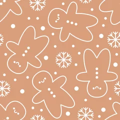 Meubelstickers Seamless pattern of silhouettes of smiling gingerbread men with snowflakes and dots. On a brown background. Kawaii style © Татьяна Рябова