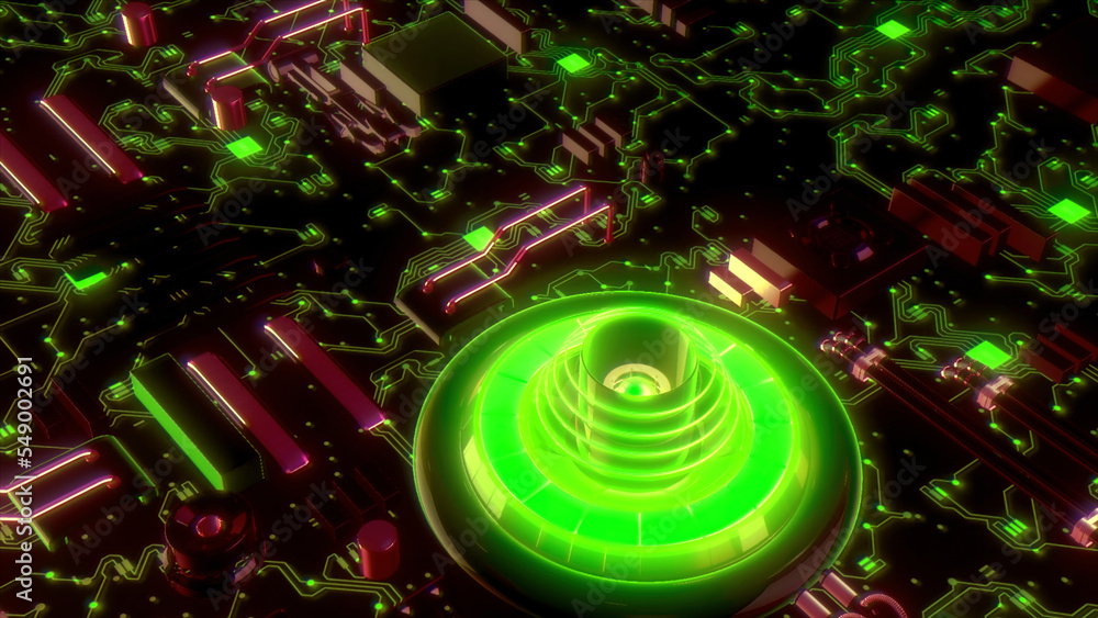 Poster advanced technology concept visualization. motion. circuit board cpu processor, artificial intellige