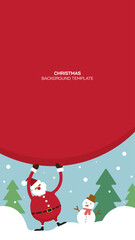 Happy Santa Claus carry big hug red bag as a blank space with snowman and snowscpae background. Christmas concept vertical template for advertisment. Cute Christmas illustration greeting card.