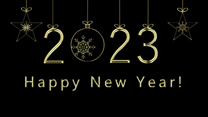 Gold Ornaments New Year 2023. New Year's greetings card with gold ornaments and text on black background.
