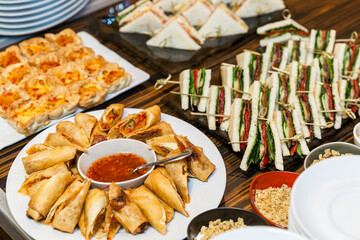 Appetizing appetizers on the buffet table. Catering for events, holidays and business breakfasts.