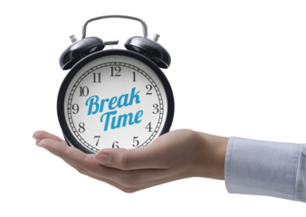 PNG file no background Hand holding a vintage alarm clock with break time message