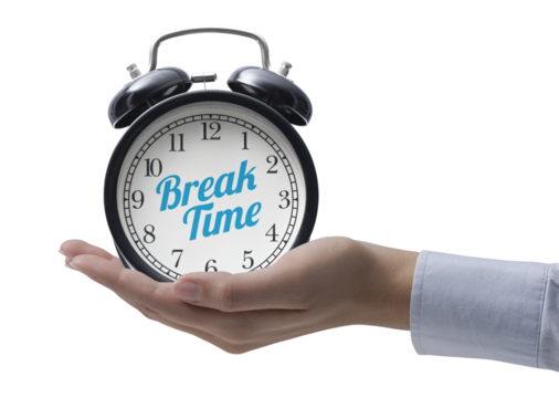 PNG file no background Hand holding a vintage alarm clock with break time message