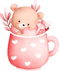 Valentine Teddy Bear in Cup. Watercolor Illustration. Great for card and greeting.