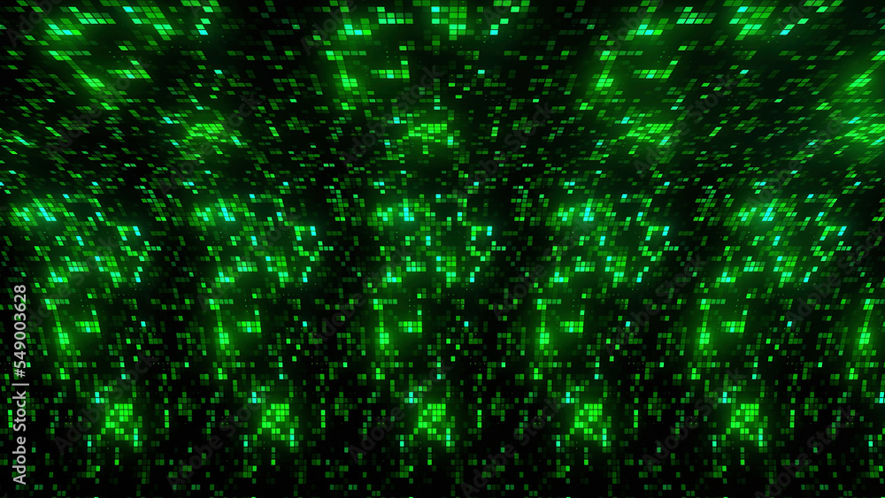 Poster bright background with curve and twinkling squares. motion. spatial bending of background with neon 