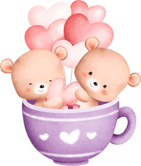 Valentine Teddy Bear in Cup. Watercolor Illustration. Great for card and greeting.