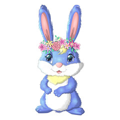 Cartoon rabbit, hare with flowers. Cute childish character, Easter, spring, symbol of 2023 Chinese New Year.