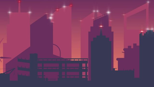Night Urban Landscape Animation.  Industrial area with chimneys and factories. Business center with skyscrapers and a Ferris wheel. Night, Evening or morning. Flashing lights
