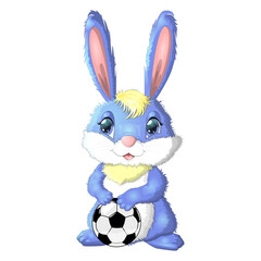 Cartoon rabbit, hare with a football ball. Cute childish character, symbol of 2023 new chinese year.