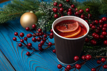New Year's mulled wine with decor. Merry Christmas
