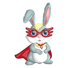 Cartoon rabbit, hare superhero in red cloak and mask. Cute childish character, Easter, spring, symbol of 2023 Chinese New Year