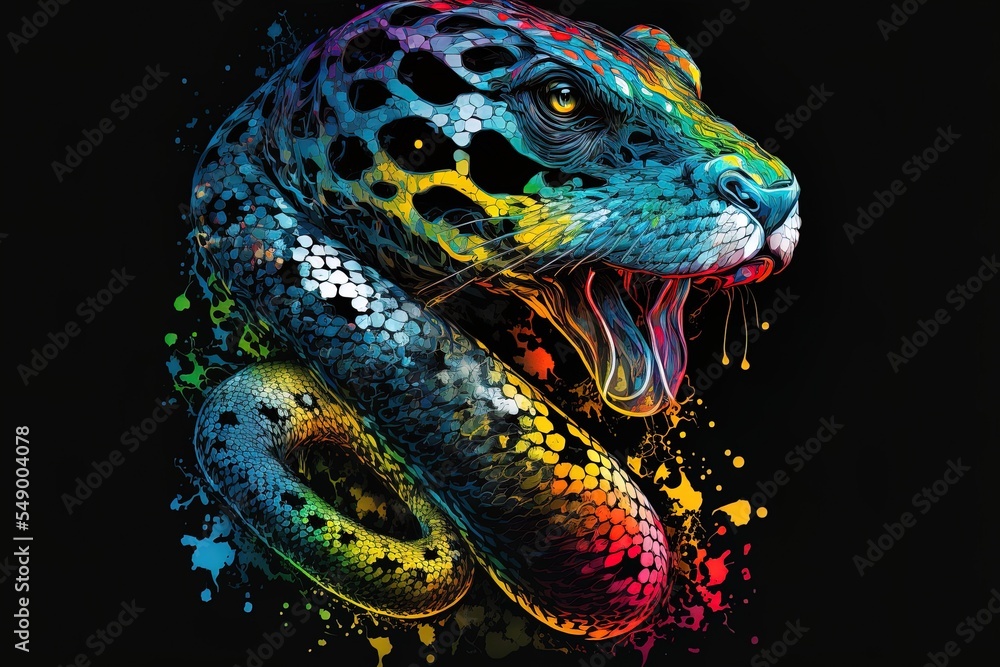 Poster abstract, neon, color portrait of ball python on a black background in pop art style with splashes o