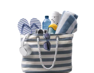 Zelfklevend Fotobehang PNG file no background Stylish beach bag with accessories © stokkete