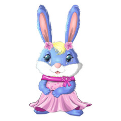 Cartoon rabbit, hare girl in dress, princess. Cute childish character, Easter, spring, symbol of 2023 Chinese New Year