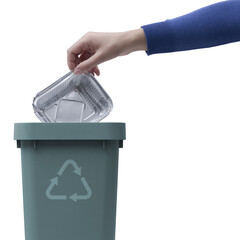 PNG file no background Woman putting an aluminum foil pan in the trash bin