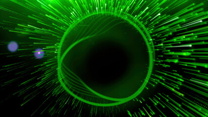 Green background. Motion.A bright multicolored laser ring in animation next to which a salute is flying.