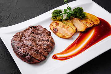 steak with baked potatoes and broccoli