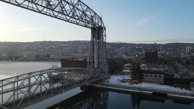 Duluth iconic lift bridge and city 4k drone footage at golden hour 2