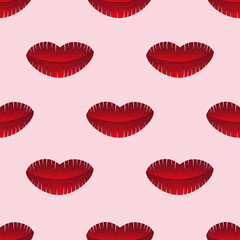 Seamless pattern with beautiful red cartoon lips on pink background. Wallpaper or fabric print. Valentines day card.