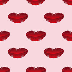 Seamless pattern with beautiful red cartoon lips on pink background. Wallpaper or fabric print. Valentines day card.