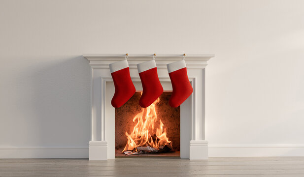 Festive stocking hanging from a fireplace at Christmas. 3D Rendering