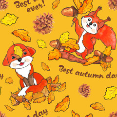 Art. Autumn pattern. Squirrel and fox in the autumn forest. Beautiful cartoon animal.