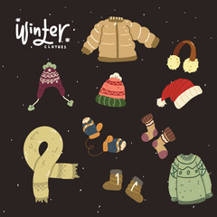 Color vector hand drawn illustration of winter clothes. Set of doodle style elements. casual warm clothes. woolen jumper,  coat, winter earphones, snow boots, scarf, hat, and mittens.