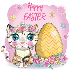 Cute cartoon Cat near a beautiful Easter basket full of eggs. Happy Easter card