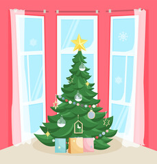 Christmas interior of the living room with a Christmas tree and presents