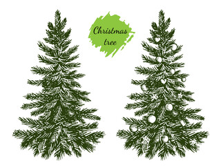 Vector illustration of a Christmas tree decorated with toys on a white background. Vintage hand drawing.