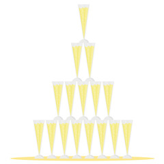 Champagne tower made of glasses on white background