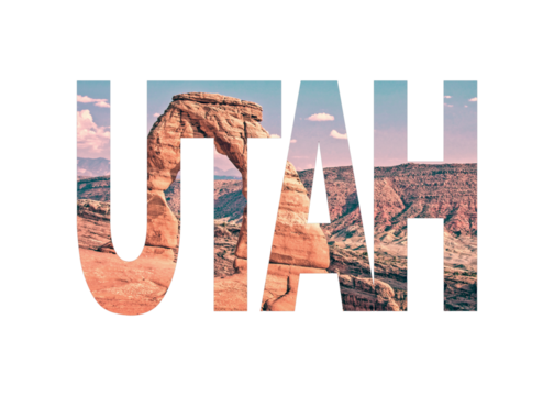 Word Utah on transparent background, Delicate arch in Arches National Park