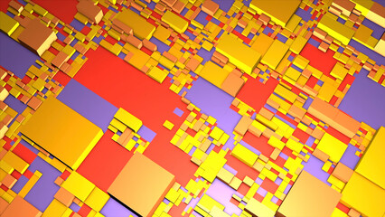 Bright squares of different colors. Motion. Multi-colored animation that moves and shows squares of different sizes.