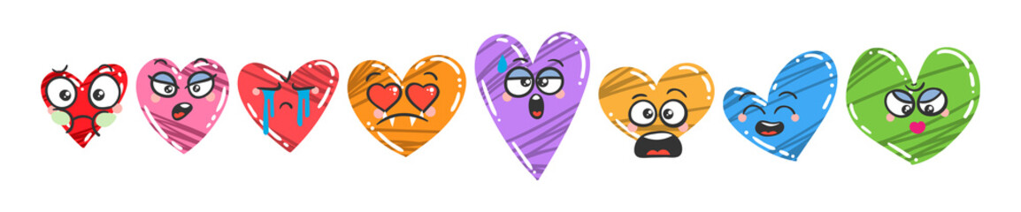 Fototapeta premium Heart Emoticon Set. Doodle faces, eyes and mouth for Valentine's Day and holidays of love. Caricature cartoon expressive emotions, smiling, crying and surprised character face expressions