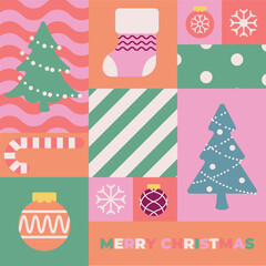 Christmas pattern for greeting card, Xmas pattern with ornaments, Vector