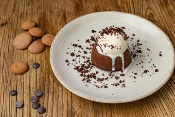 Tasting of chocolate fondant in restaurant.