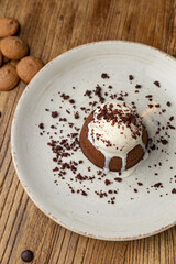 Tasting of chocolate fondant in restaurant.