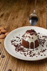 Tasting of chocolate fondant in restaurant.