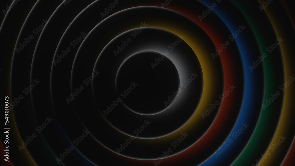 Poster black background. motion.dark circles with bright running light in the animation then widens and nar