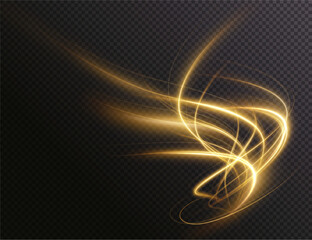Luminous gold wavy line of light on a transparent background. Gold light, electric light, light effect png. Curve gold line png for games, video, photo, callout, HUD. Isolated vector illustration.