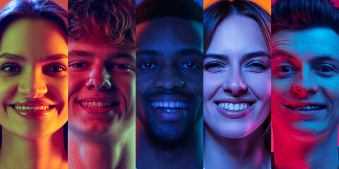 Happiness. Closeup portraits of young emotional people, men and women expressing different emotions over multicolored background in neon light. Collage made of 5 models looking at camera. - obrazy, fototapety, plakaty