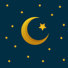 Blue background with golden crescent and stars. A greeting card. the month of Ramadan. vector illustration