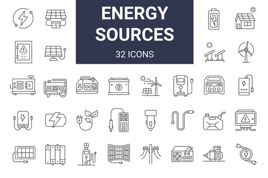 Set of devices you need in case of outage or blackout. Electrical equipment production and keeping energy. Collection of line icons