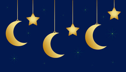 Obraz na płótnie Canvas Vector background for the Ramadan holiday. Golden stars and the moon on a blue background