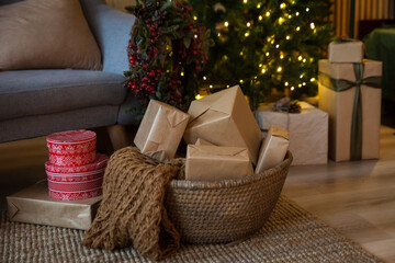 Basket with Christmas presents. Happy holidays