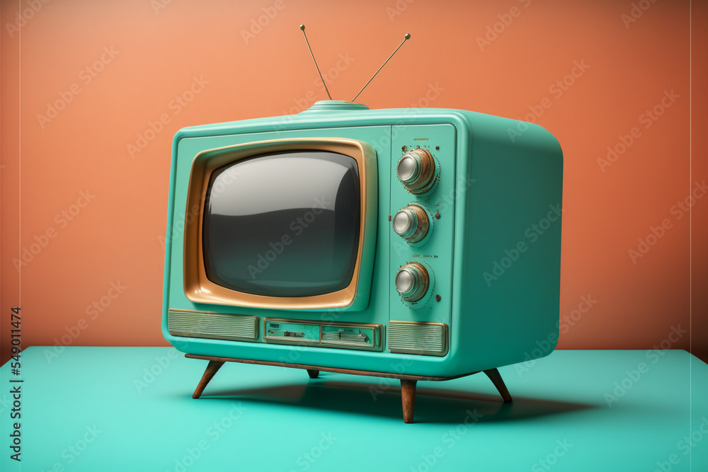 Wall mural tv room. vintage television on a painted wall background.