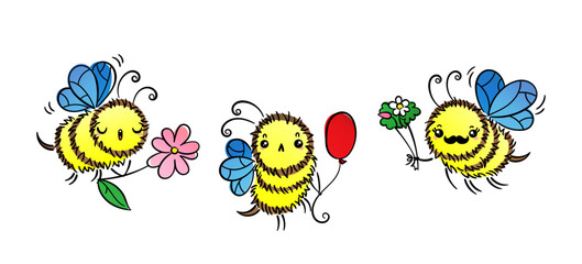 Kawaii Flying Bee with various things. Cartoon isolated on white background. Cute doodle illustration
